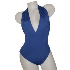 ANNE COLE Deep Plunge Blue One Piece Swimsuit Size 14